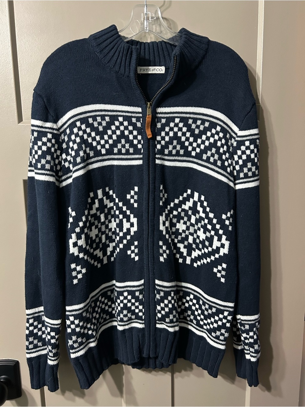 Frye and Co. Men's Navy Zip-Up Fair Isle Sweater cotton blend leather pull